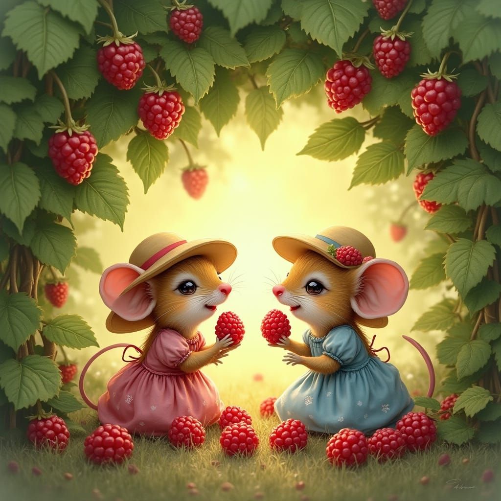 Mice Feast on Raspberries in Dreamy Style