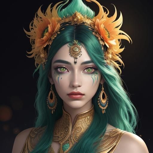 Cosmic Woman with Gold Skin and Peacock Feathers