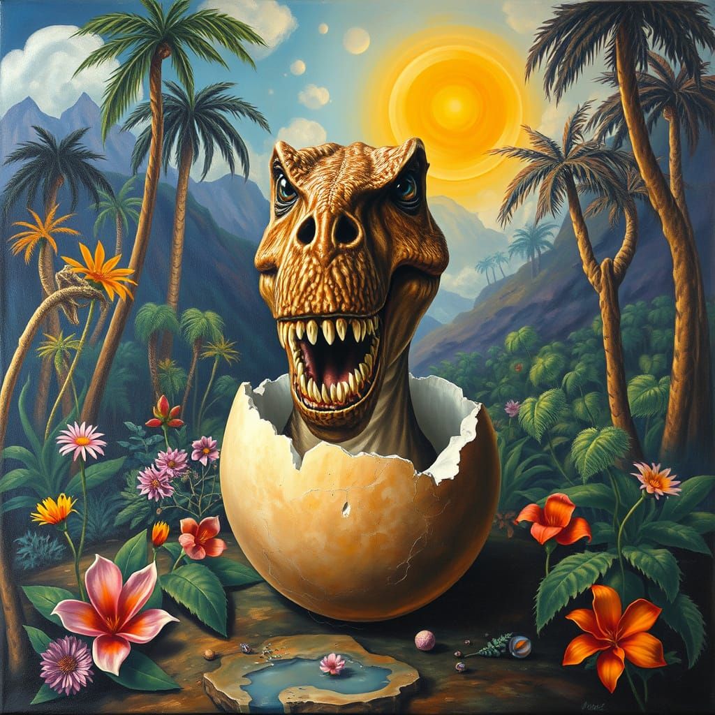 Surreal T-Rex Hatchling in Dreamlike Jungle