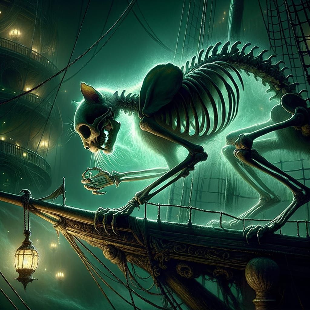Eerie Skeletal Cat Grooming on Haunted Airship