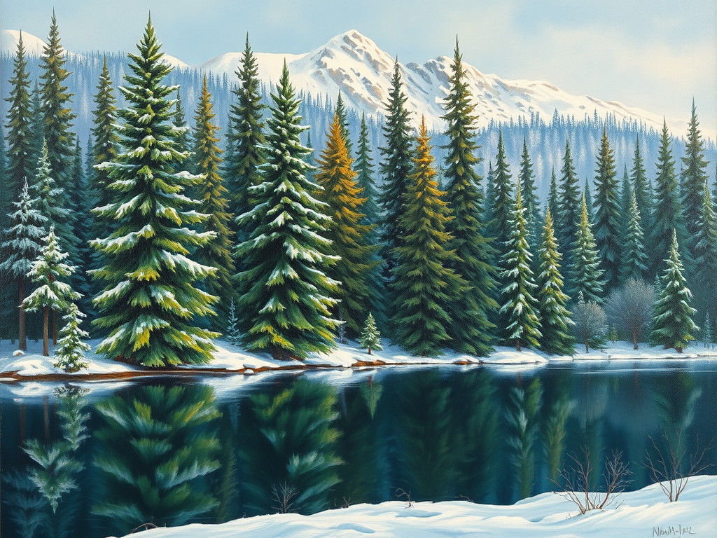 Winter Forest Reflected in Lake: Oil Painting