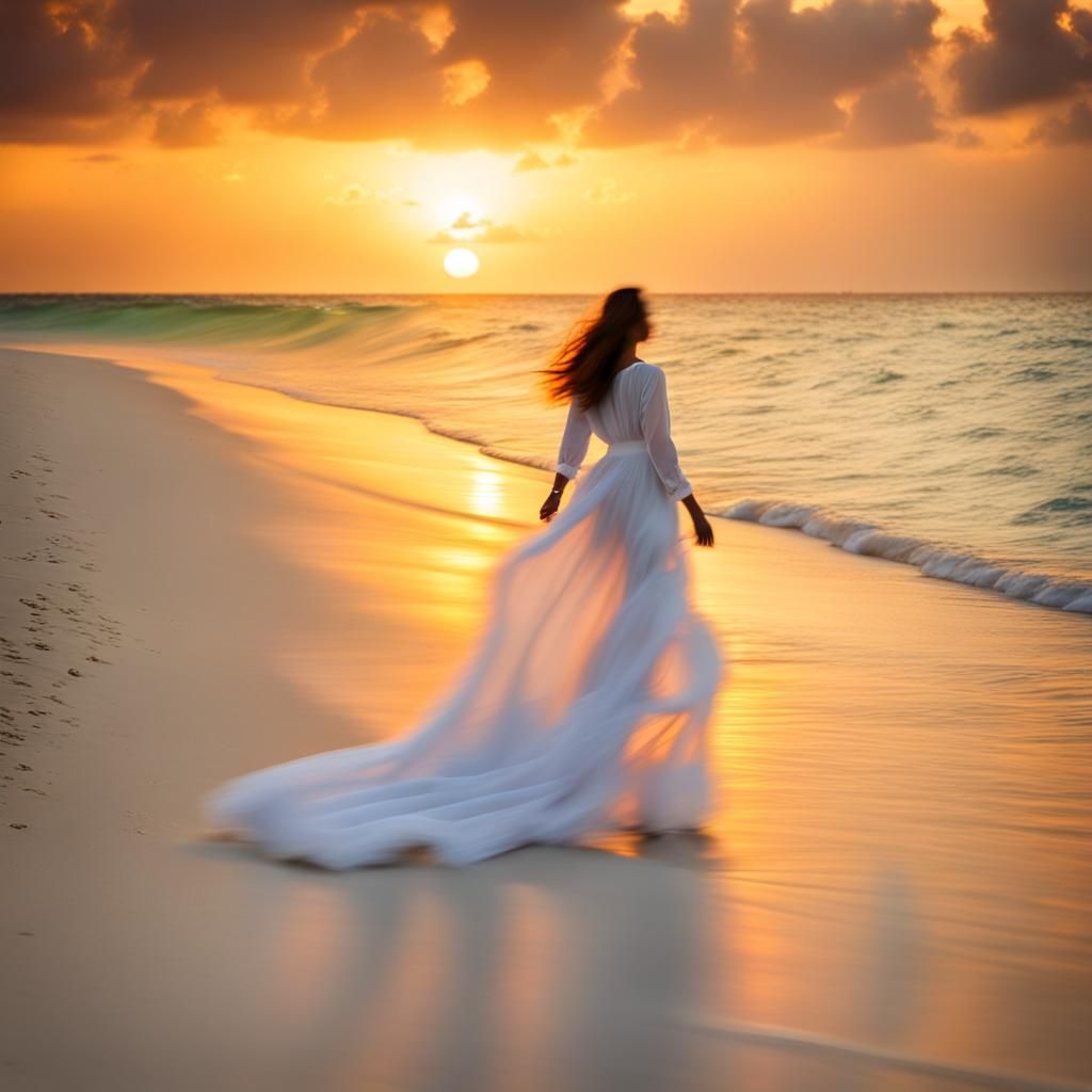 Maldives Sunset: Woman in Flowing White Dress