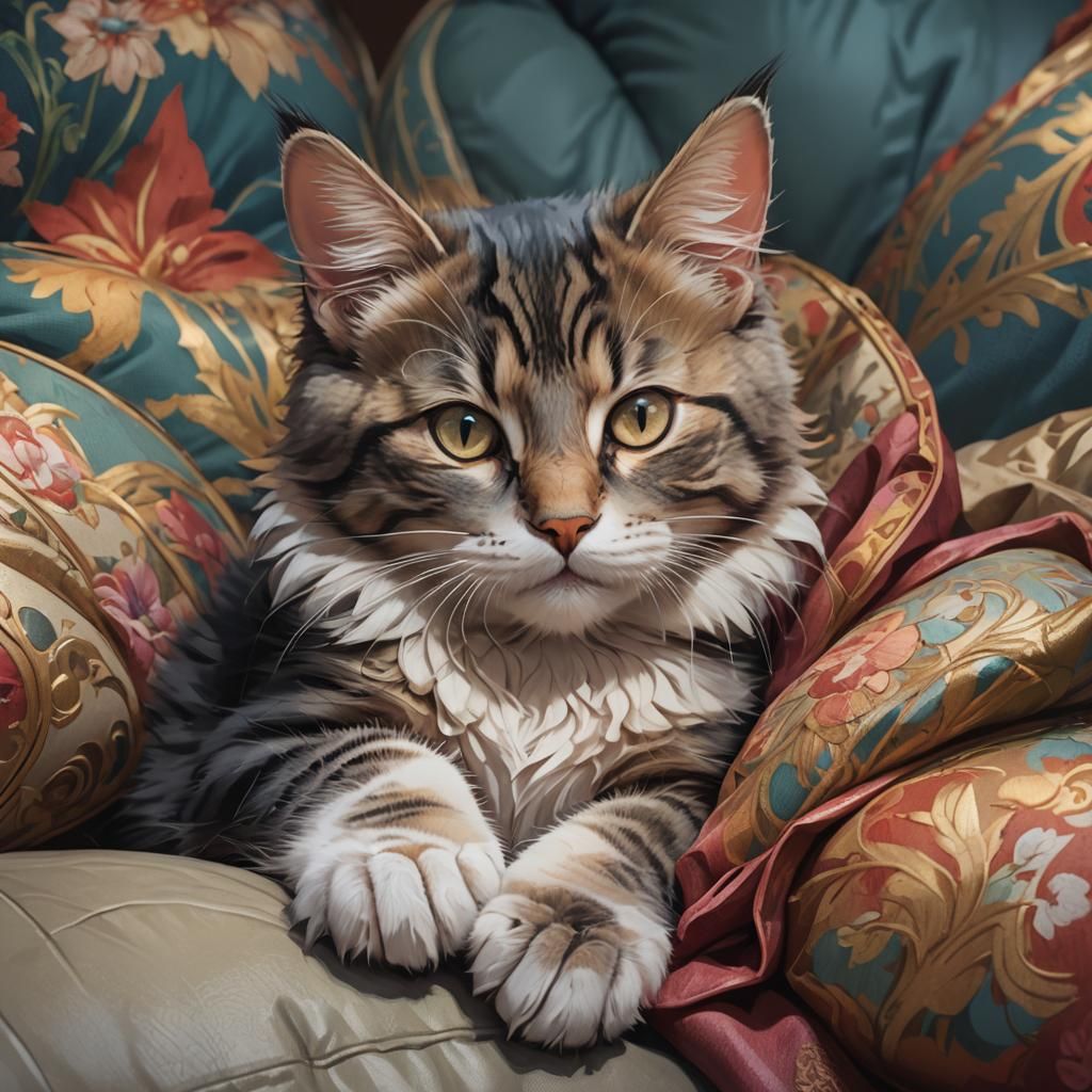 Detailed Kitten Portrait in Art Nouveau Style