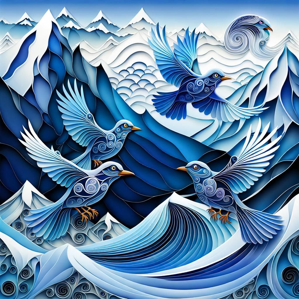 Bluebirds Soaring Above Icy Mountains in Quilling Style