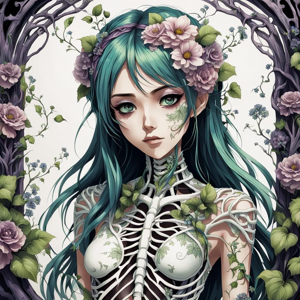 Anime Girl in Ribcage Armor with Floral Vines