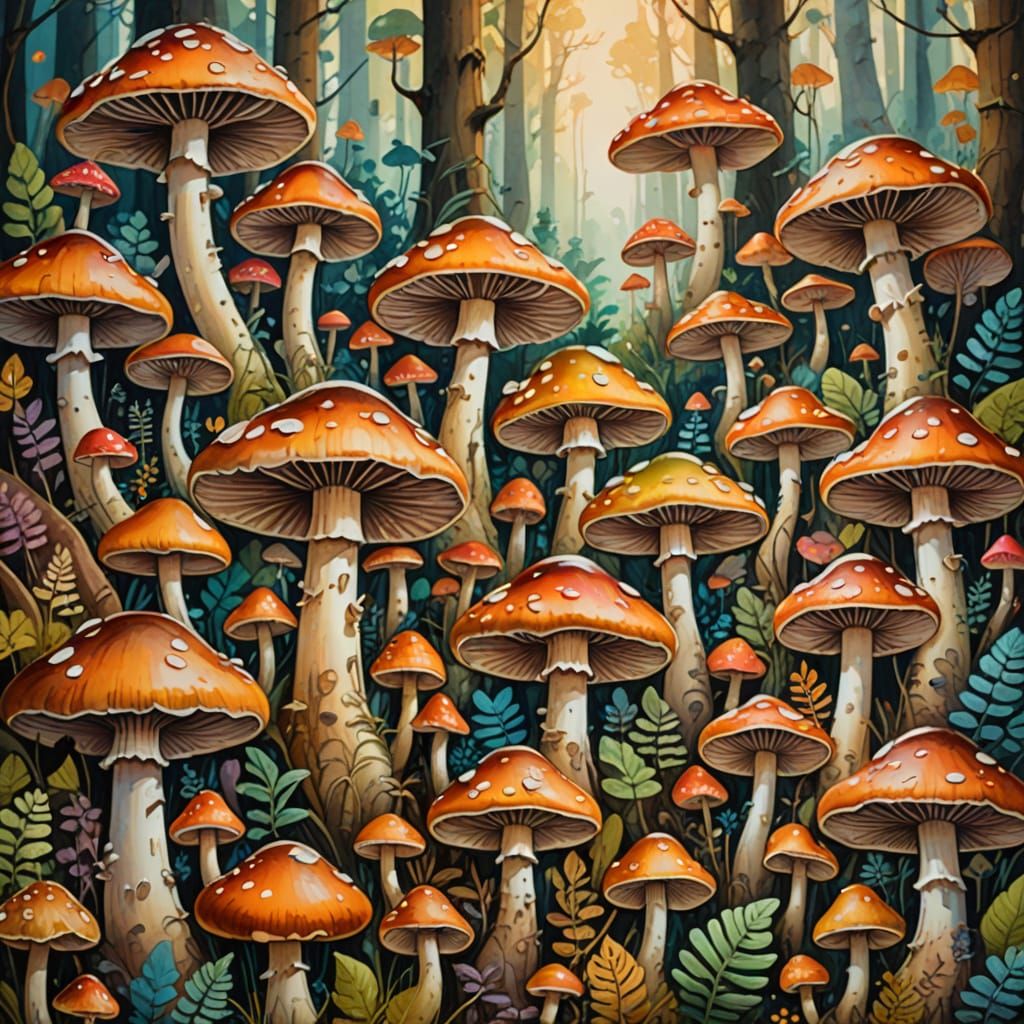 Whimsical Gouache Masterpiece of Giant Mushrooms in a Dreaml...