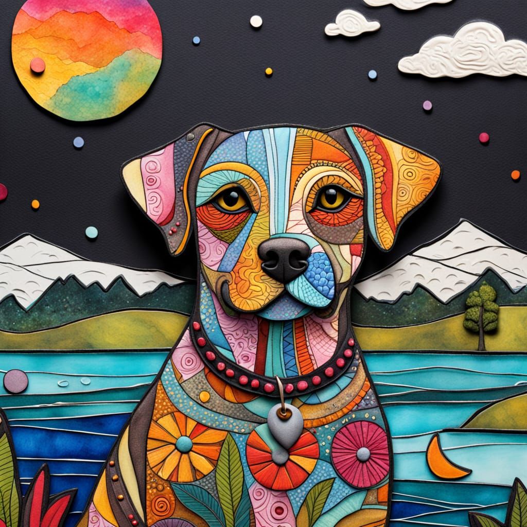 Vibrant Canine Close-Up in Mixed Media Art
