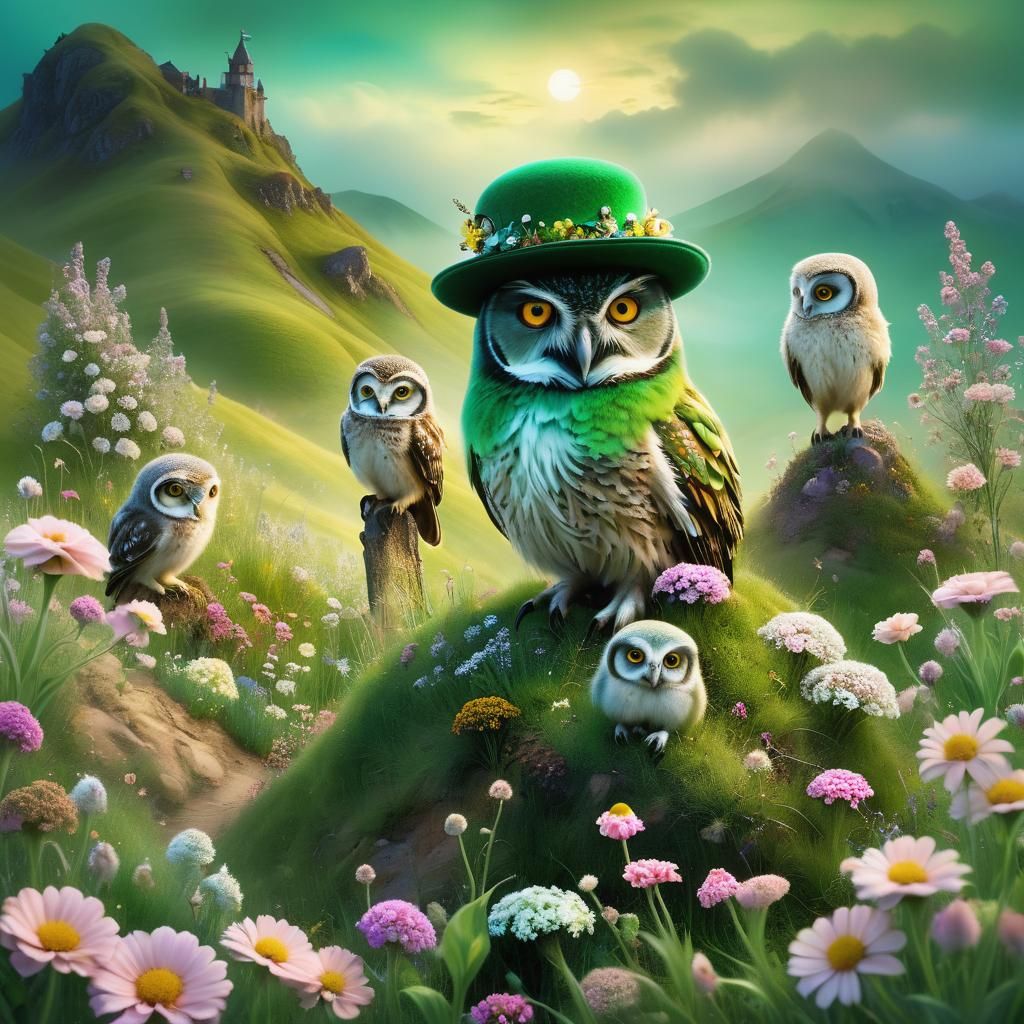 Bird With Owlets in Hat, Surreal Dreamscape
