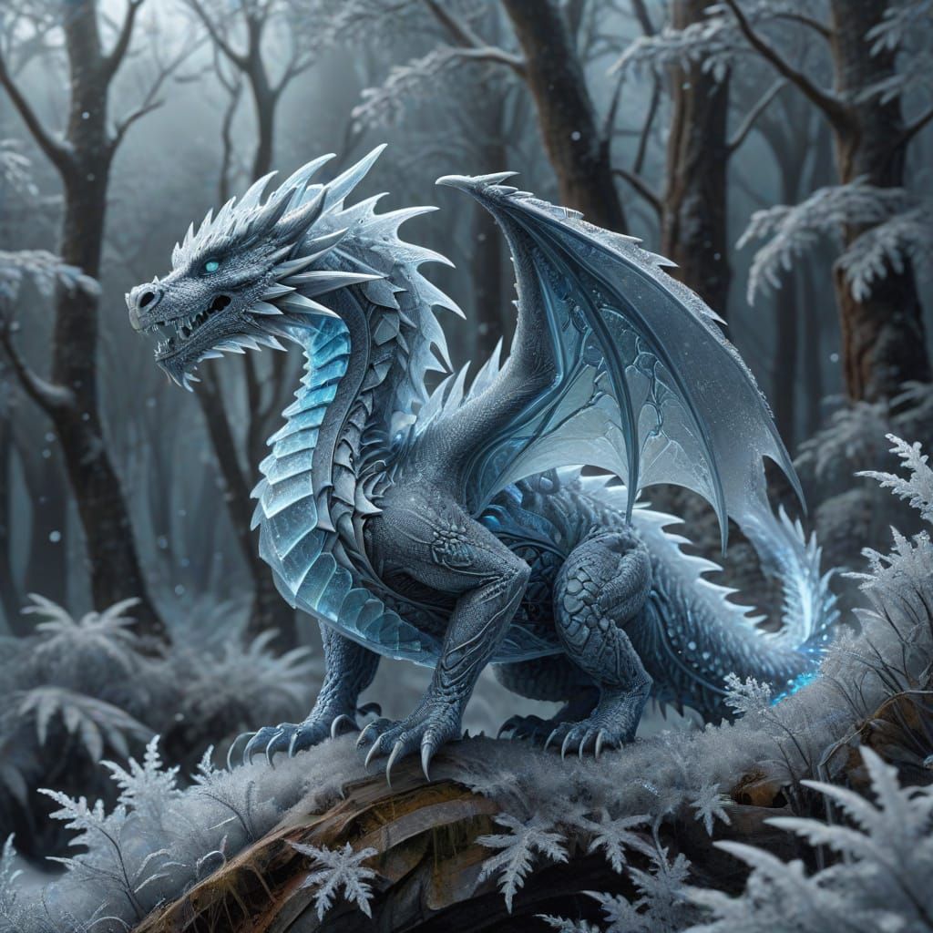 Icy Dragon Over Frozen Forest in Fractal Style