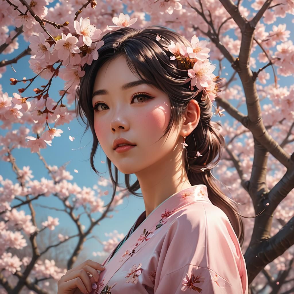 Anime Girl Under Cherry Blossom Tree in Digital Art