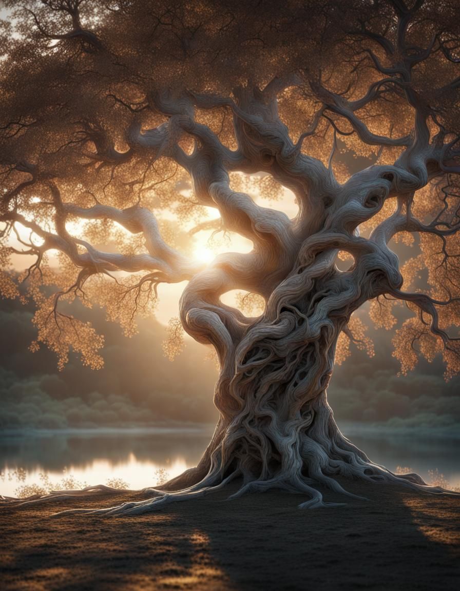 Crystal World Tree Refracts Dawn Light