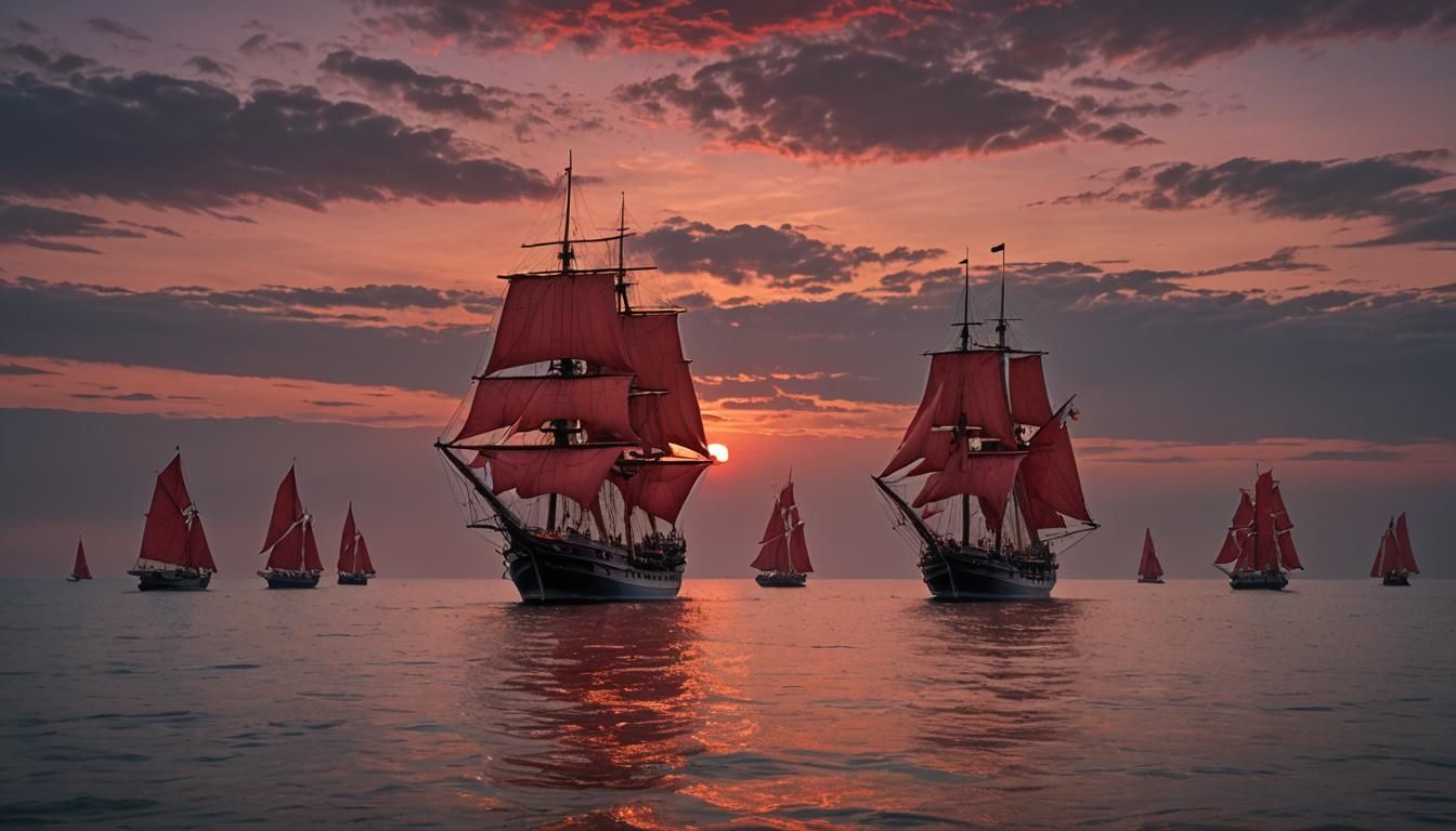 Sailing Ships in Vermilion Twilight Sea