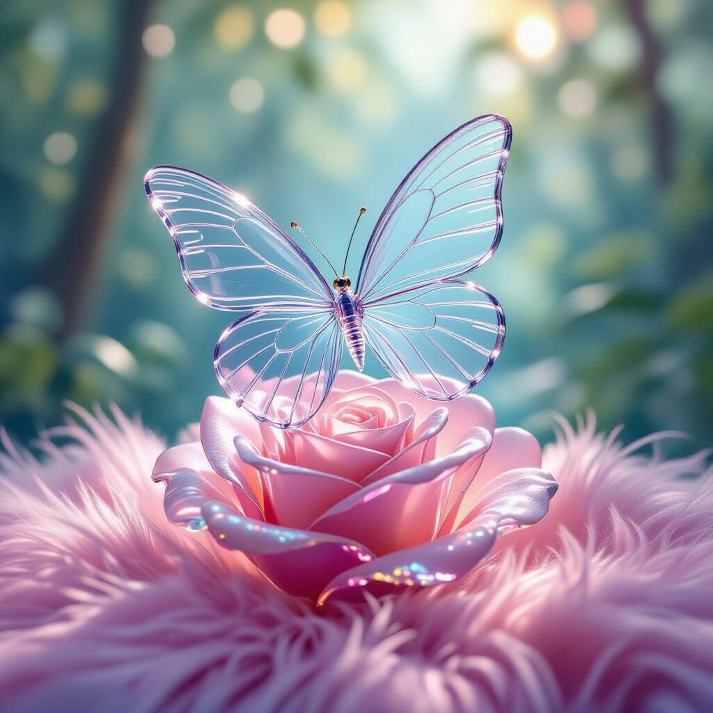 Glass Butterfly on Glass Rose in Pastel Forest