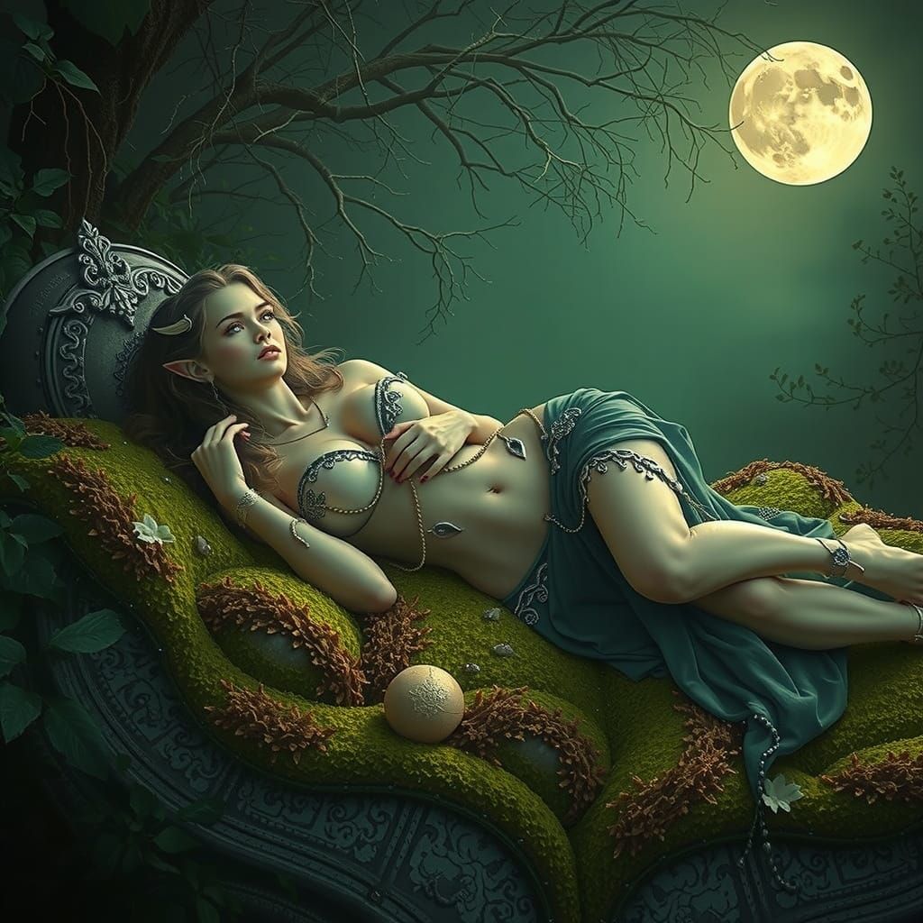 Ethereal Goddess of Beauty in Moonlit Garden