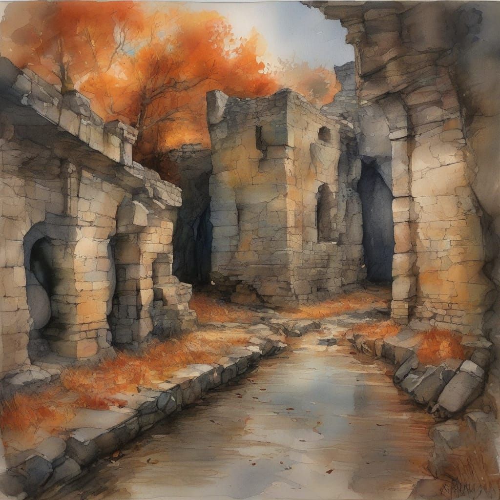 Medieval Abode in Autumnal Ruin, Reflected in the River