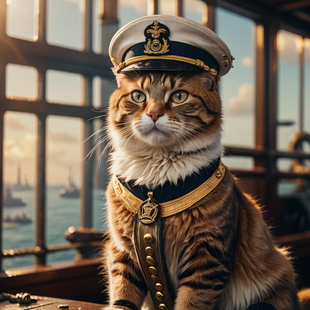 Cat Captain on Titanic: A Nostalgic Oil Painting