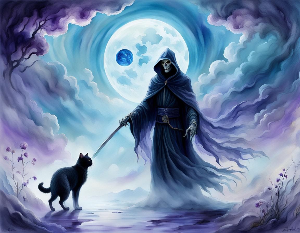 Scene of the Grim Reaper guiding a cat's soul to the afterlife.