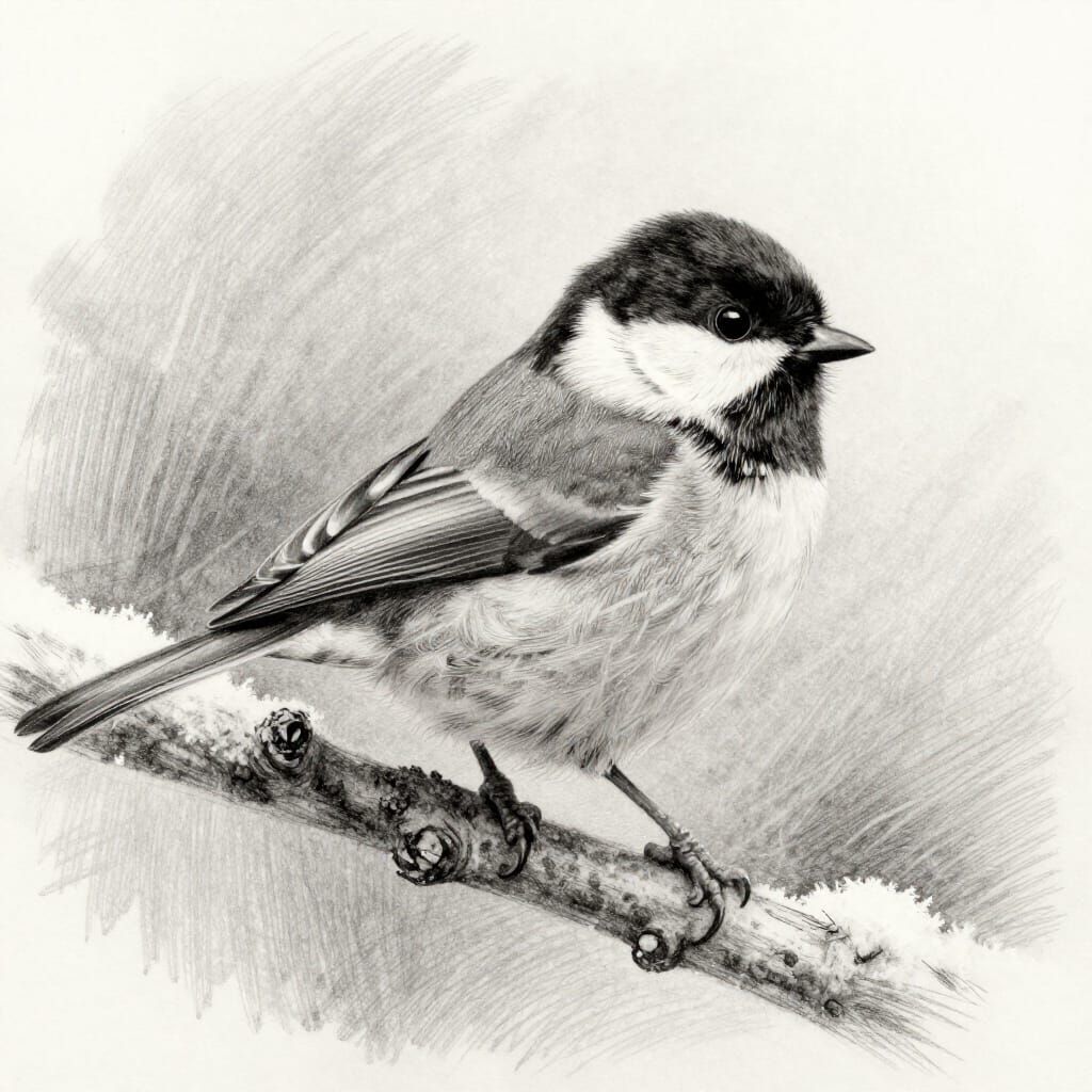 Graphite Pencil Drawing of a Coal Tit in Winter