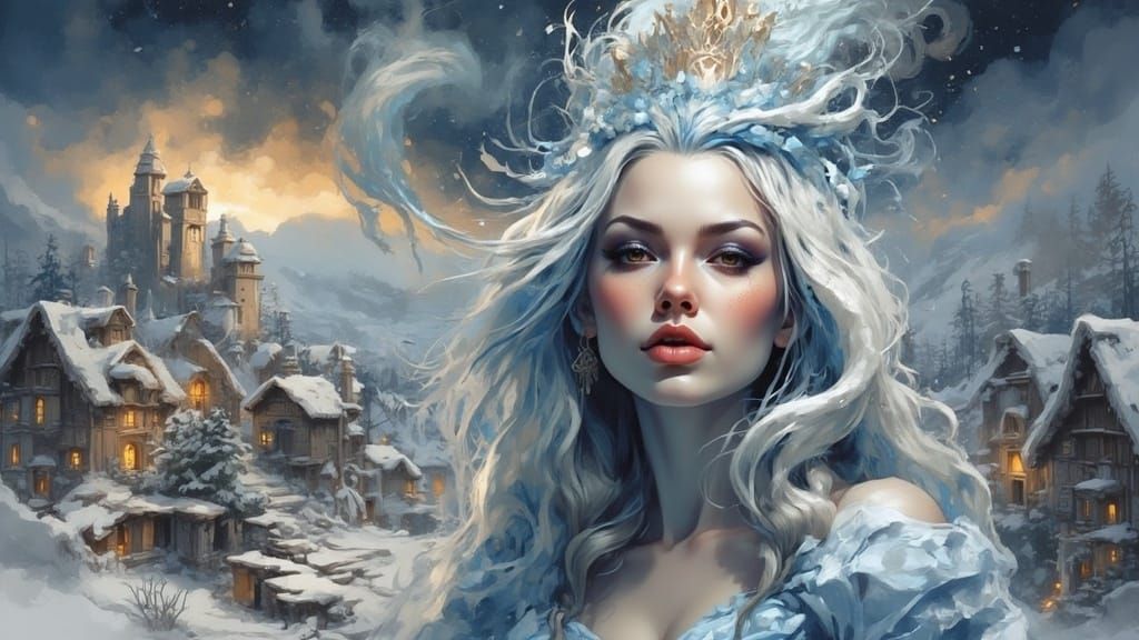 Snow Queen Blows Snowstorm in Surrealist Dreamscape