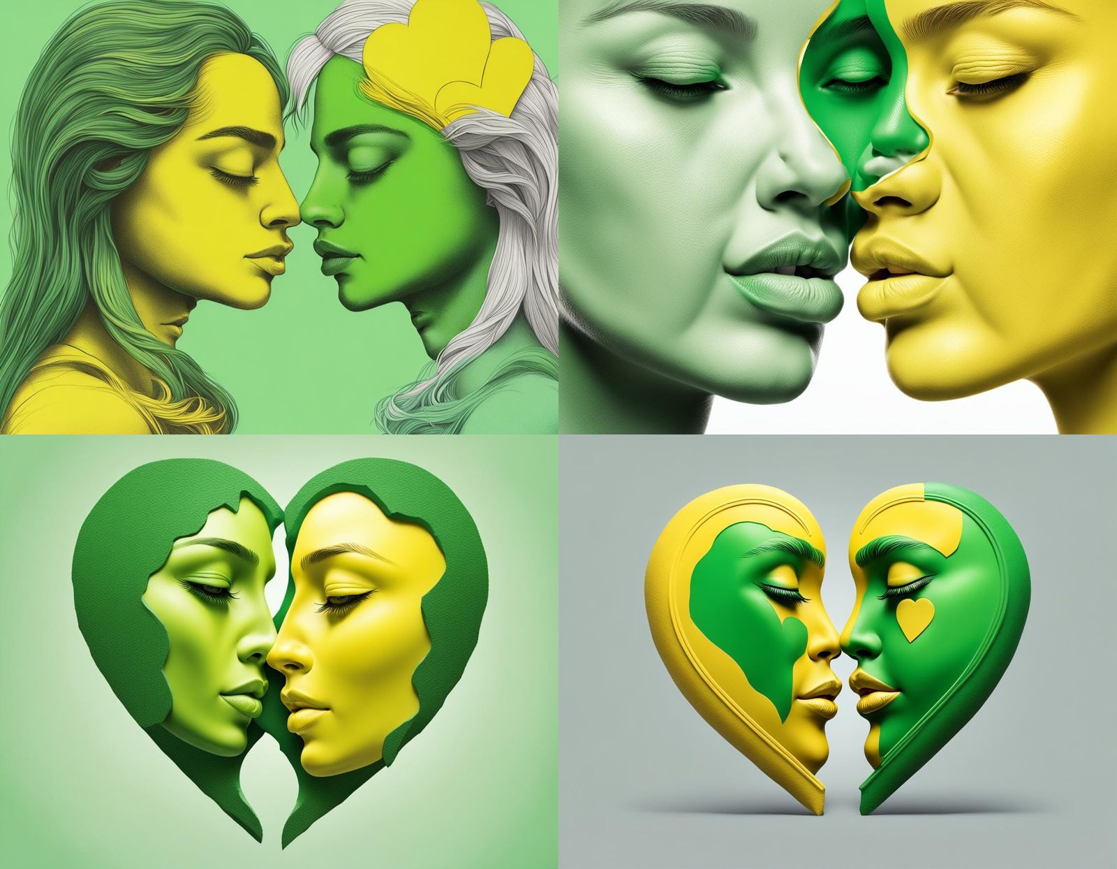 Surreal Kiss: Green and Yellow Heart Faces