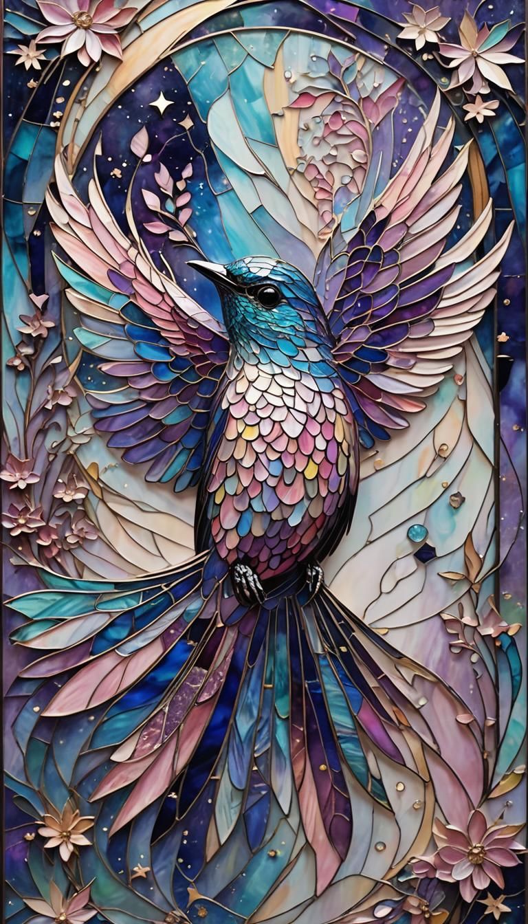 Iridescent Stained Glass Bird in Cosmic Whirlpool