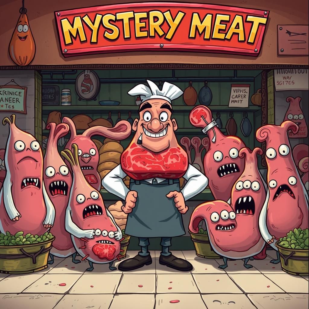 Humorous Market Scene with Mystery Meat, Digital Illustratio...