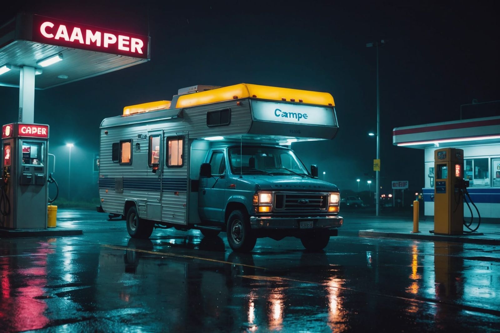 Camper Refueling at Neon Lit Gas Station