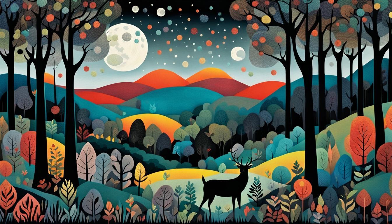 Moonlit Forest in Folk-Art Style