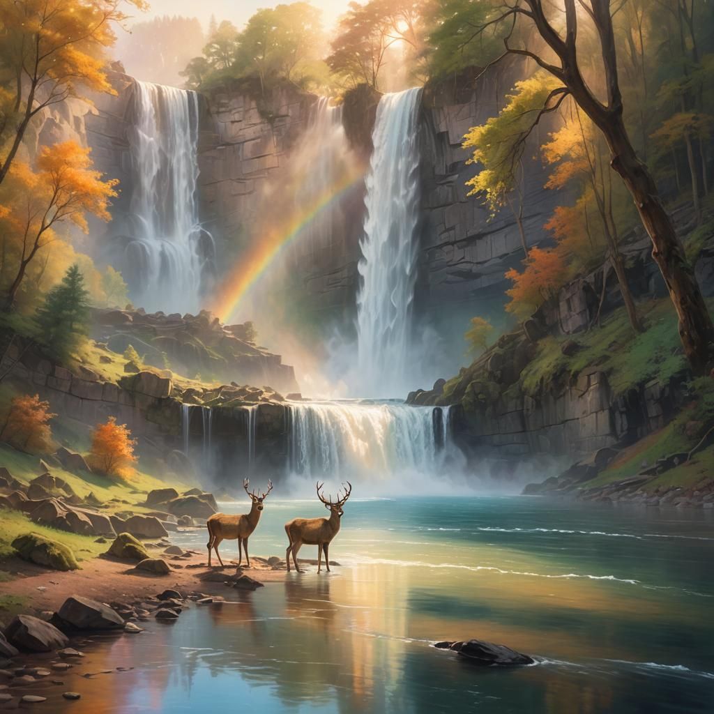 Ethereal Deer at Waterfall: Soft Focus Landscape