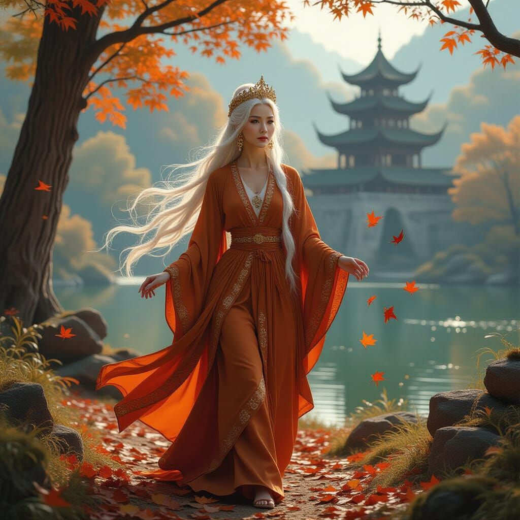 Ethereal Autumn Witch in Ancient Clearing