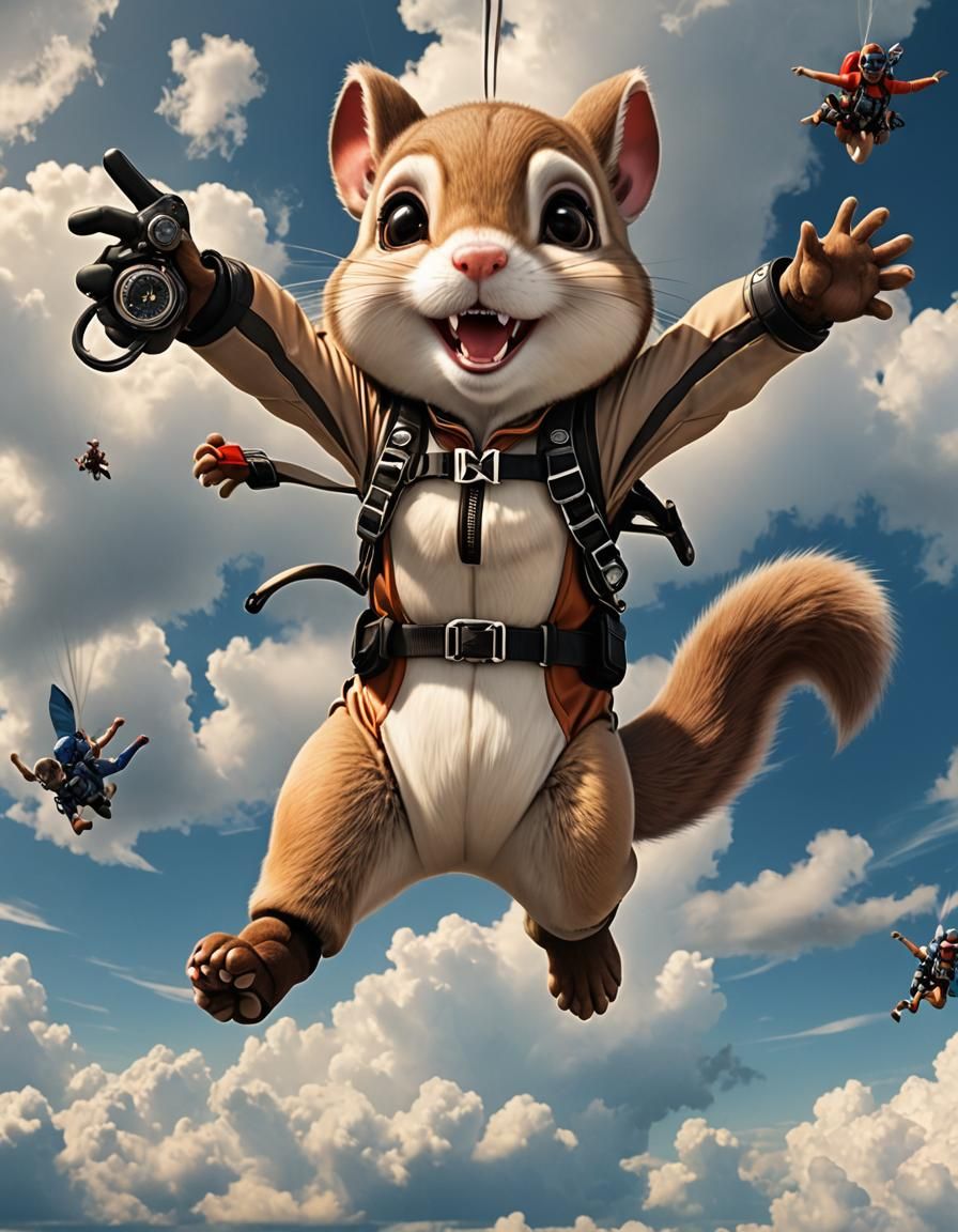 whimsical chibi flying squirrel skydiving