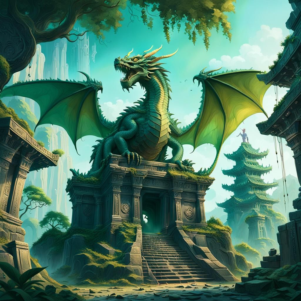 Mystical Dragon Perched Atop Ancient Temple