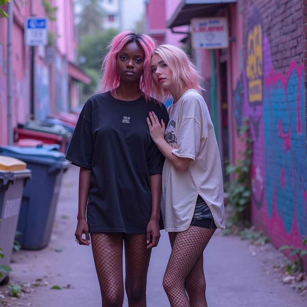 Punk and Goth Women Embrace in Vibrant Street Scene