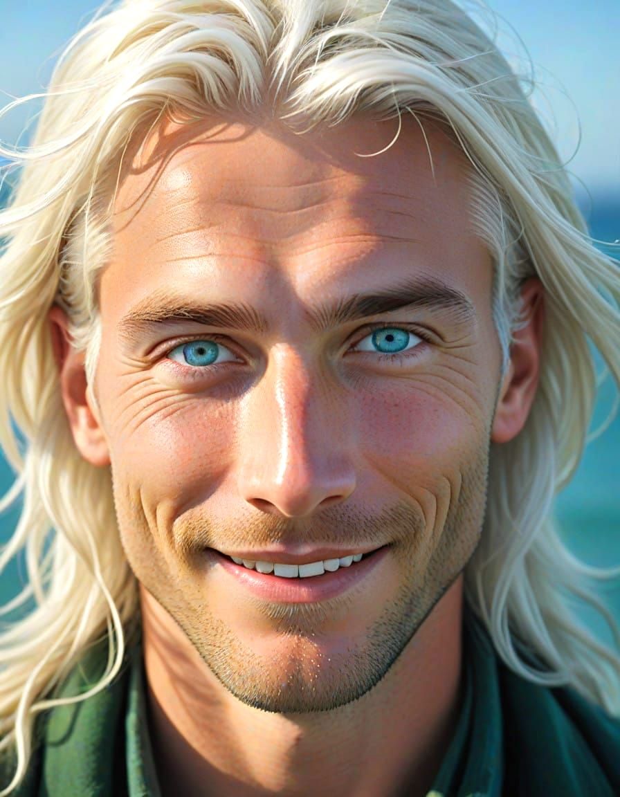 Handsome Man with Ocean-Blue Eyes in Close-Up Portrait