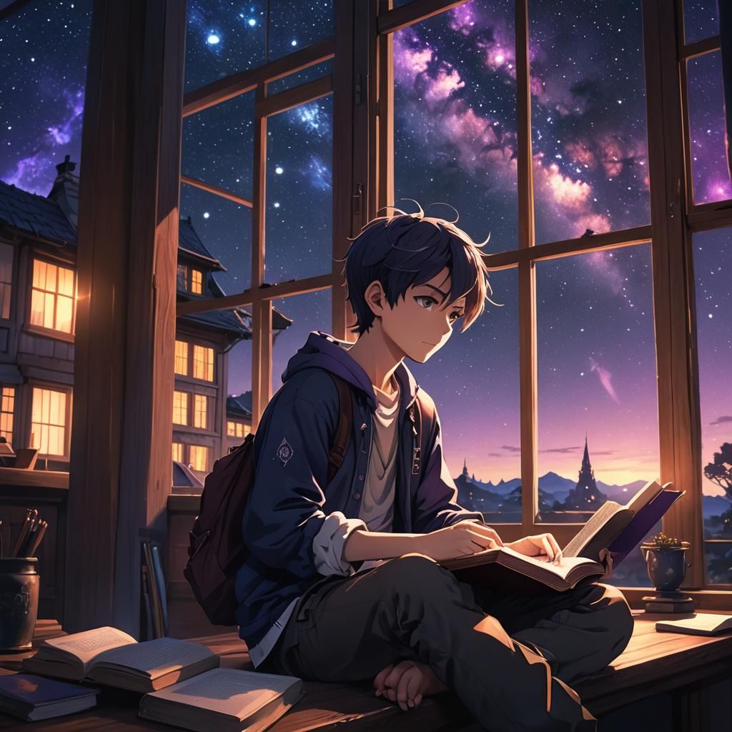 Anime Boy Studying at Night in Film Noir Style