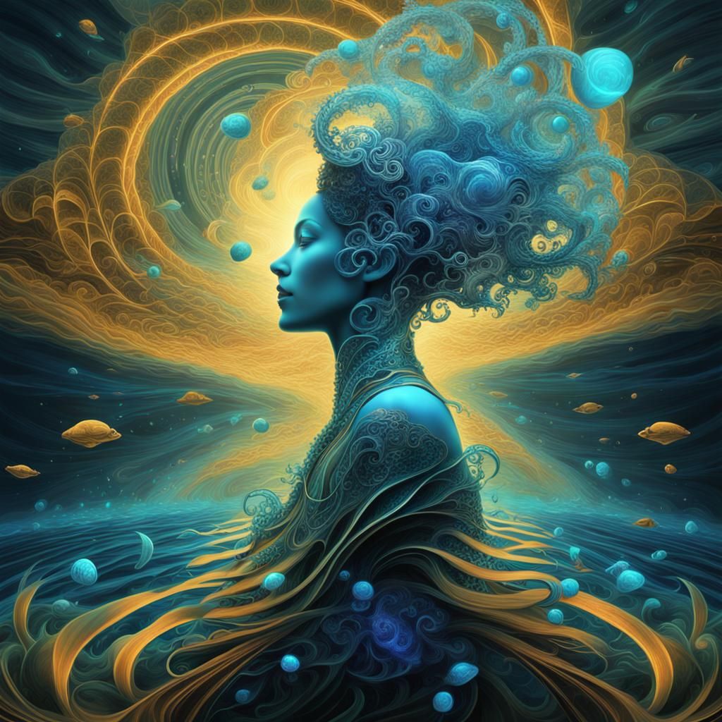 Bioluminescent Lady of Fractal Jazz in Surreal Underwater Sc...