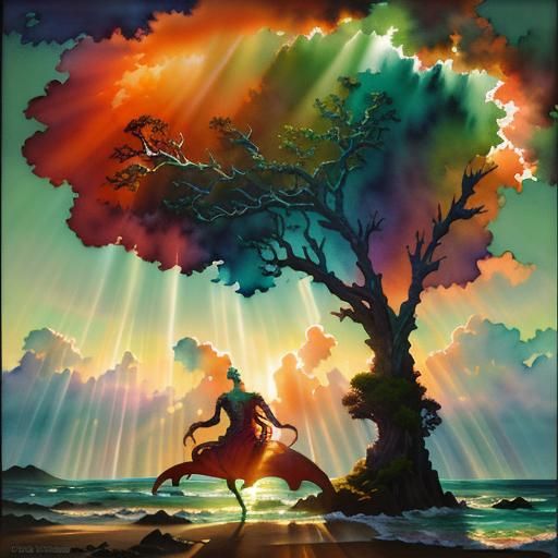 Vibrant Sunset Over Ocean with Volumetric Lighting