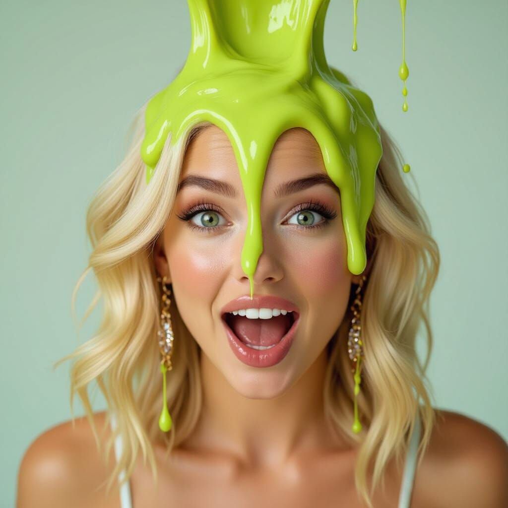 Woman Covered in Lime Green Slime, Excited Expression