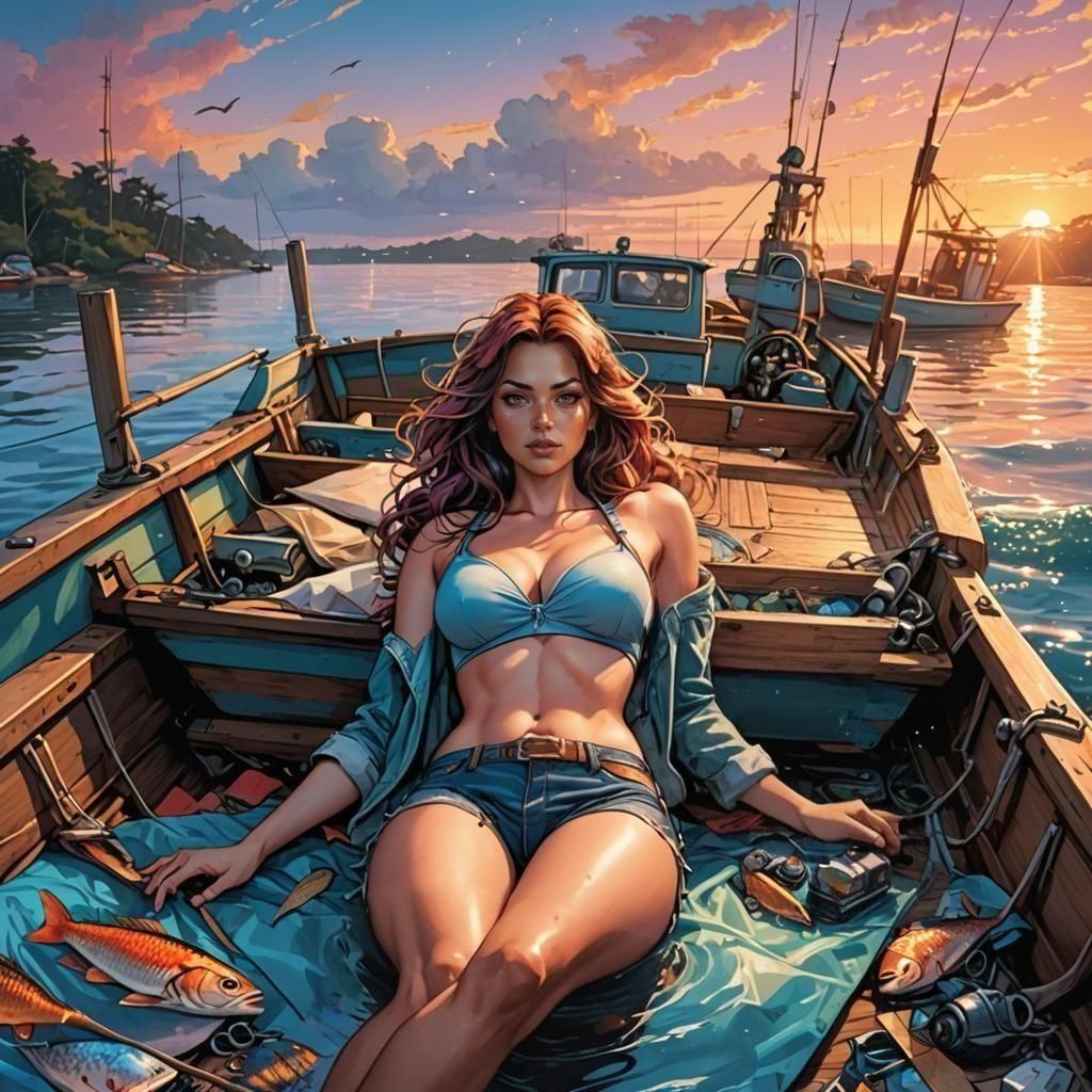Voluptuous Woman Fishing: Comic Book Art