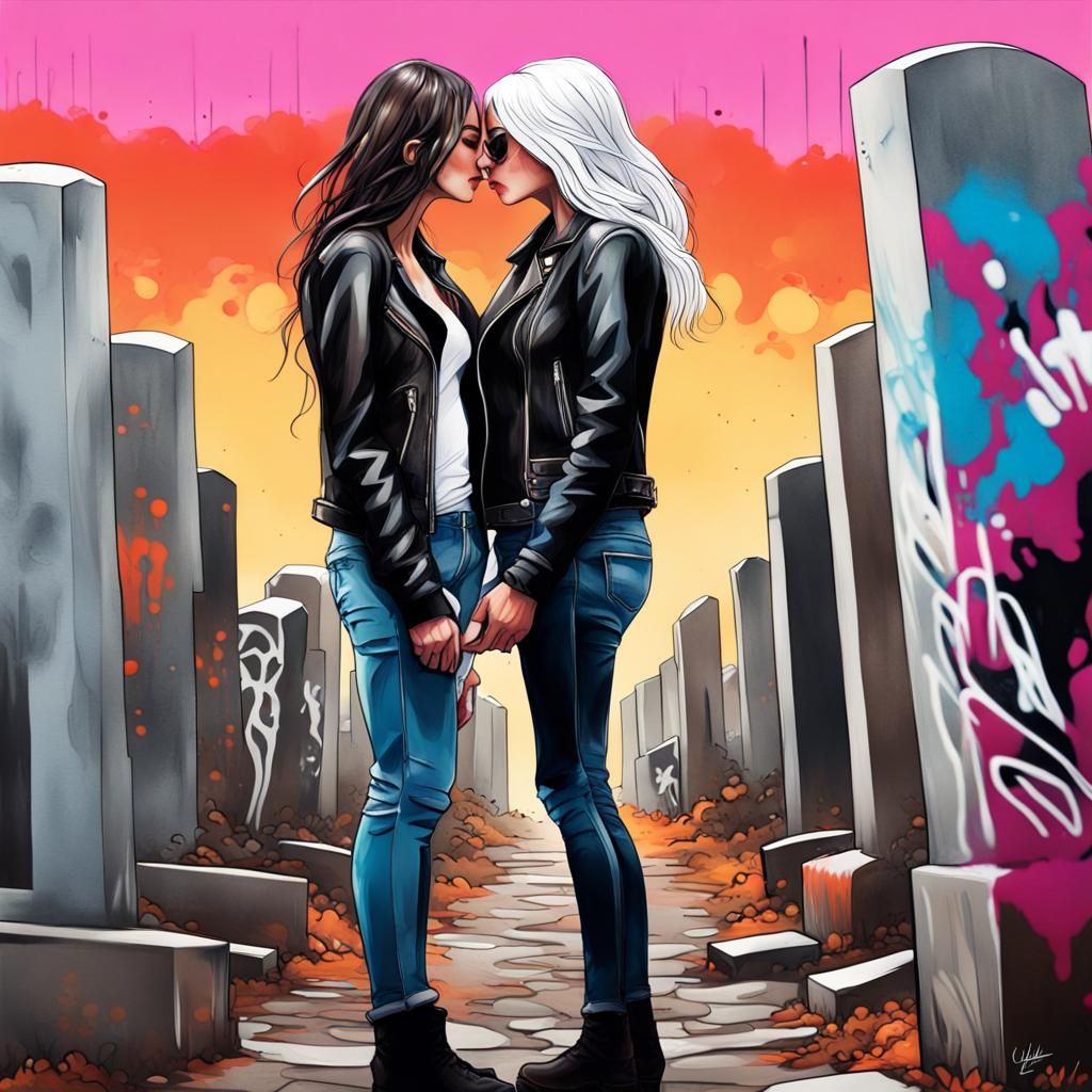Kissing Women in Cemetery Graffiti Art