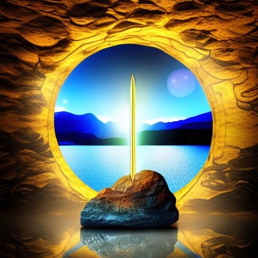 Glowing Gold Sword in Lake at Night