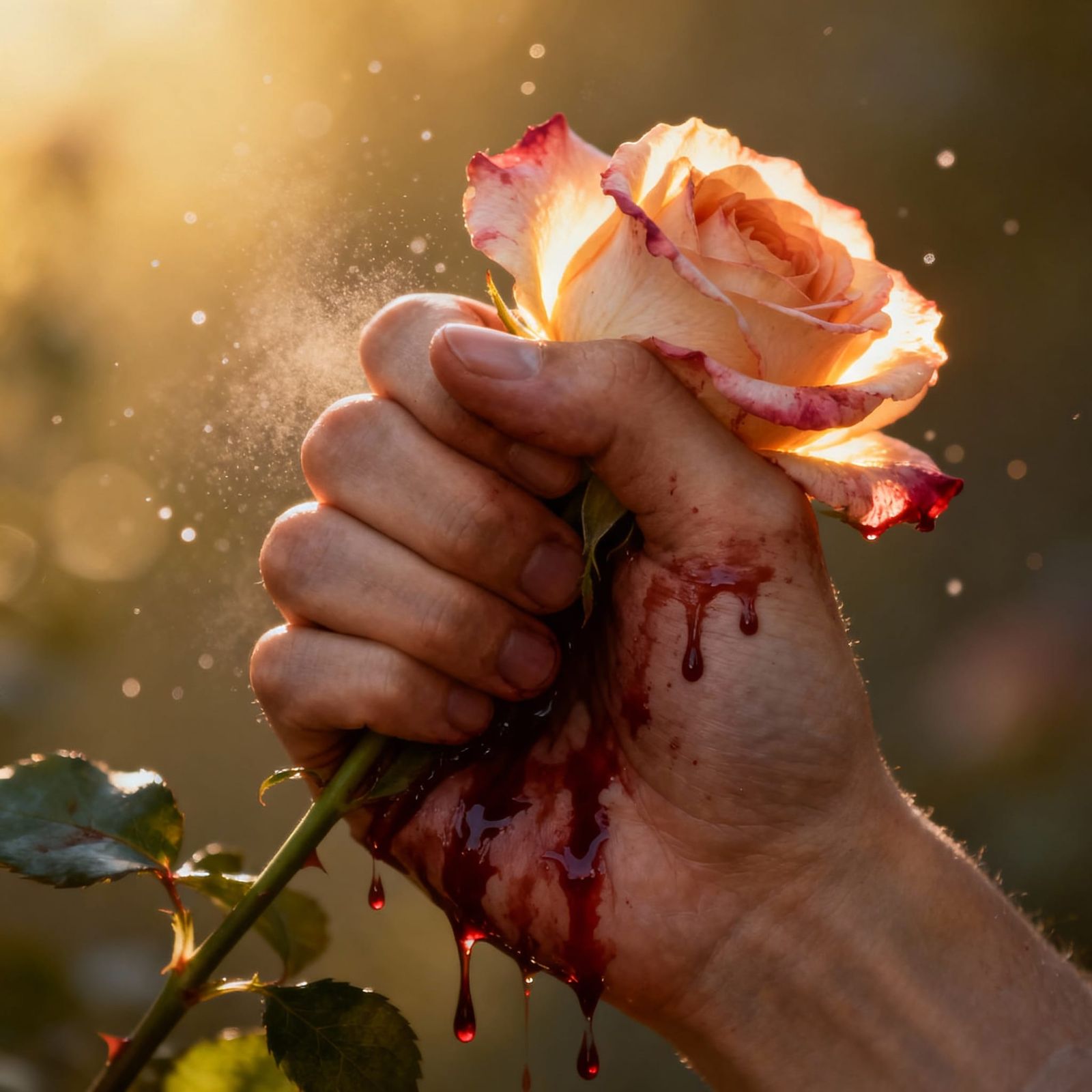 Hand Clutching Rose With Blood and Glowing Petals
