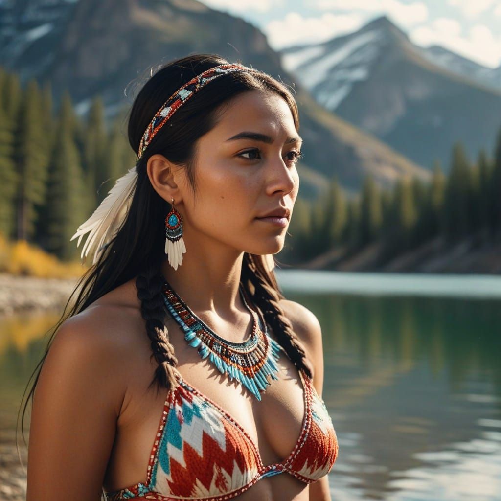 Elegant Native American Woman in Traditional Bikini, Alberta...