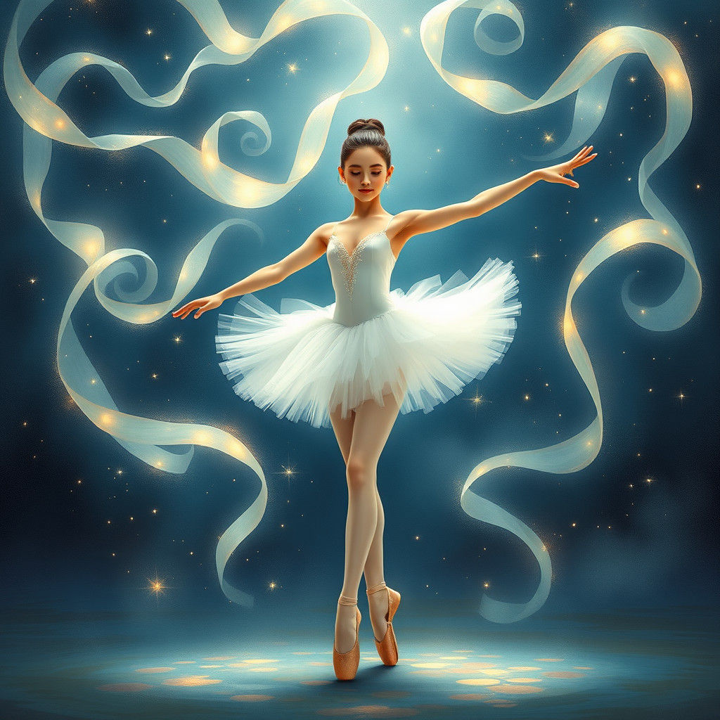 A Ballerina Amidst Whimsical Celestial Ribbons in a Starry N...