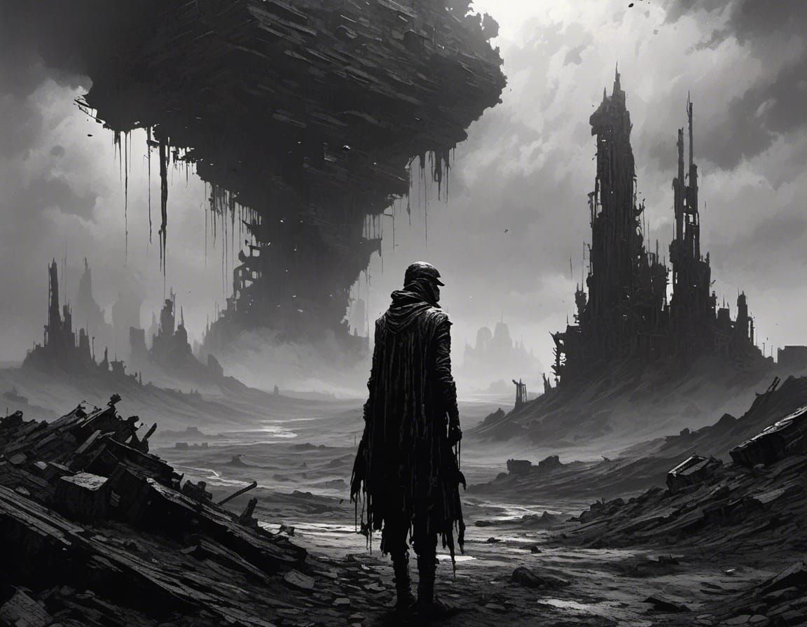 Onyx Figure in Desolate Wasteland, Dark Surrealism