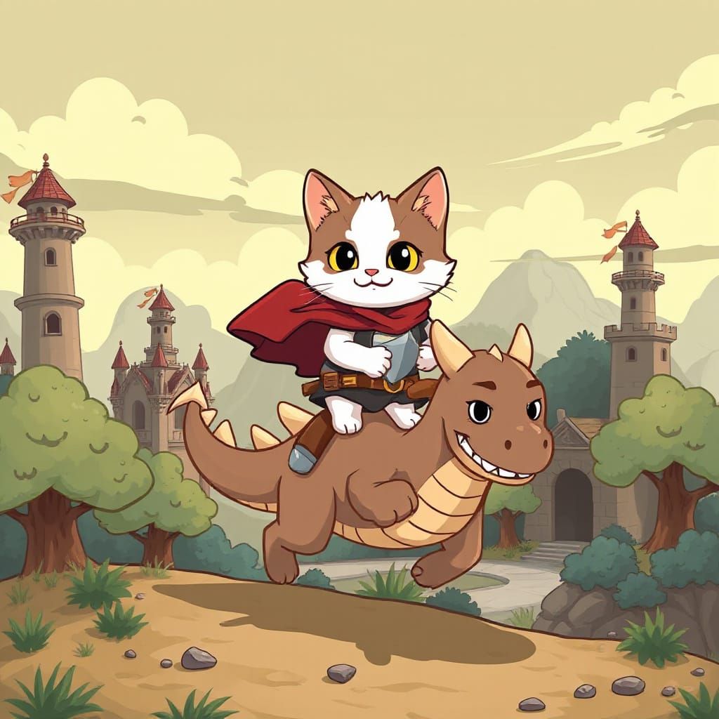 Kitten Knight on Dragon Adventure in Animated Style