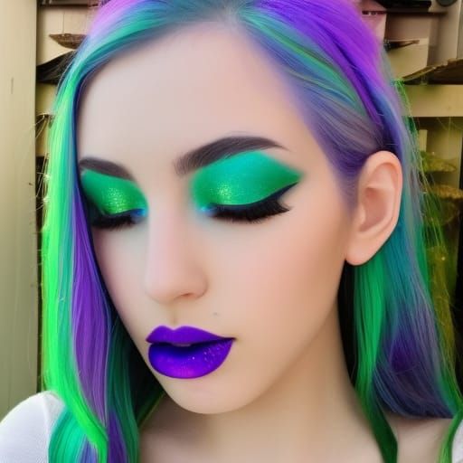 Ethereal young lady with beautiful long black hair& green eyes& purple holographic eyeshadow with cobalt blue accents& E...