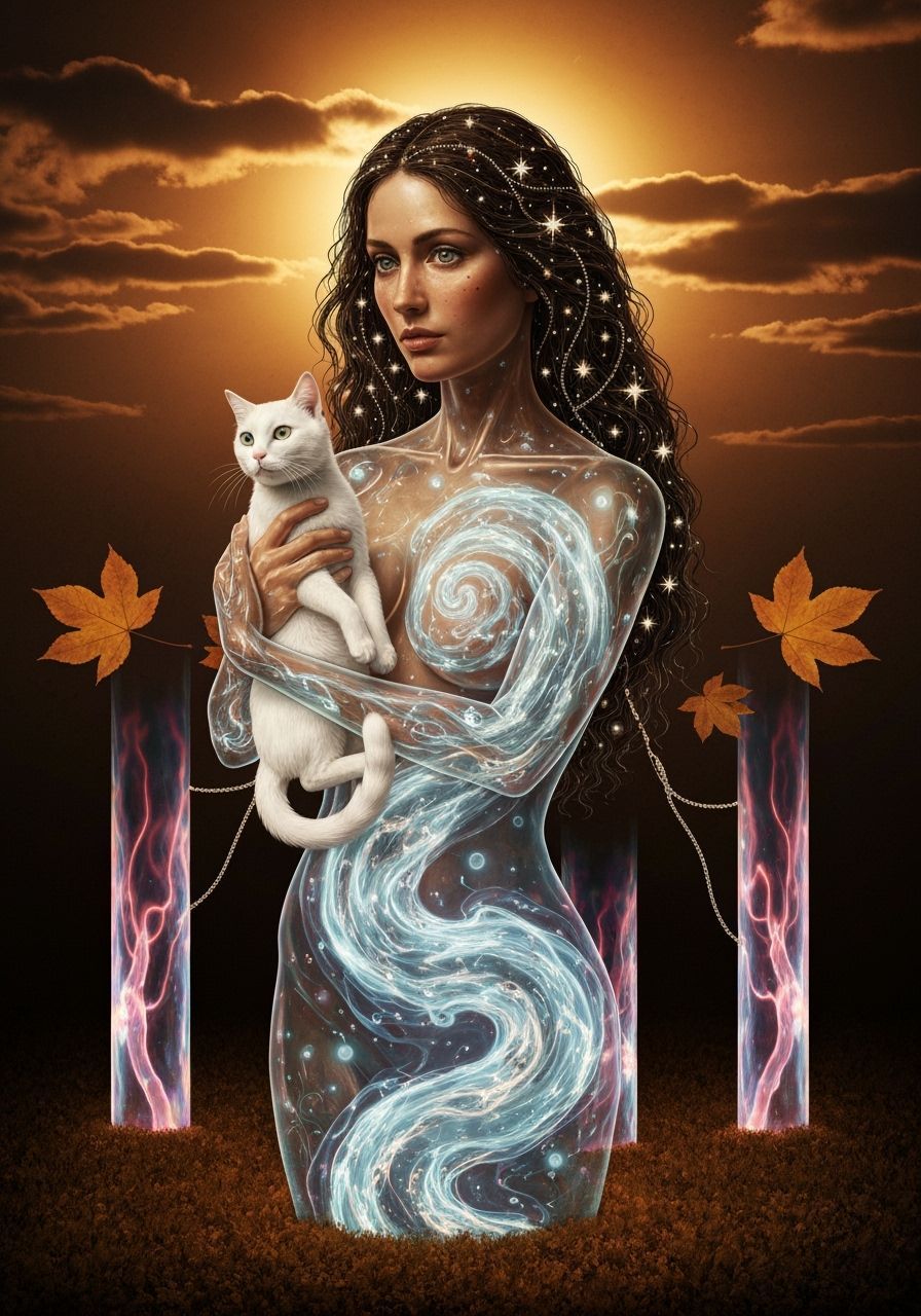 Ethereal Woman with Cat and Star Hair in Cosmic Landscape
