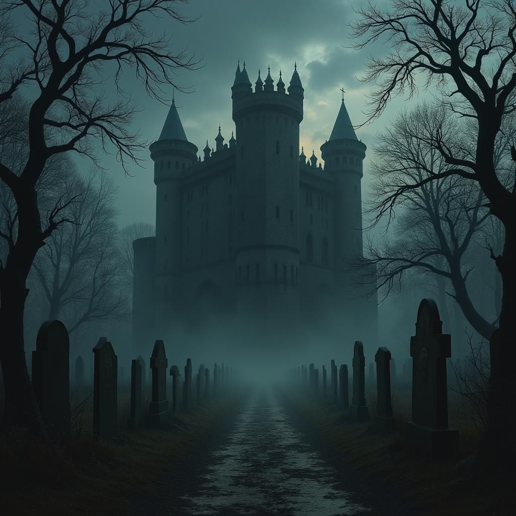 Foreboding Castle and Graveyard at Dusk