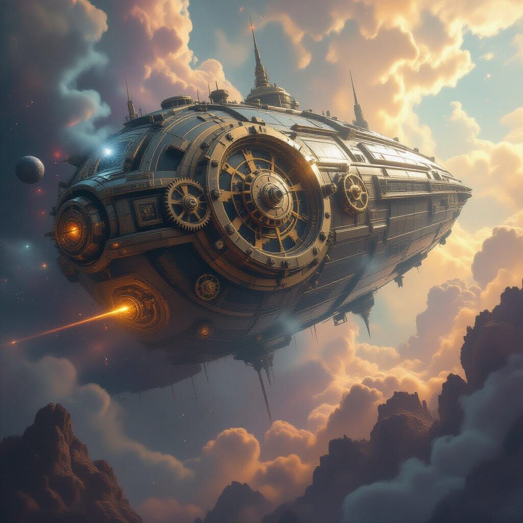 Clockwork Leviathan Emerges from Nebula in Epic Realism